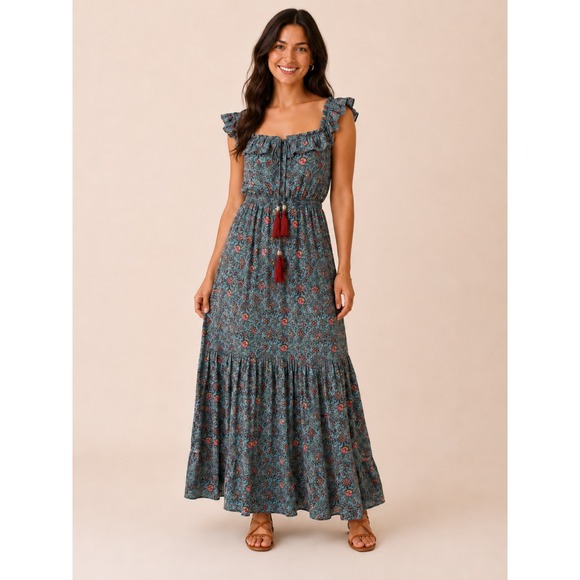 NATURAL LIFE Dresses & Skirts - Natural Life Maxi Dress Tiered Womens M Teal Floral Tassel Boho Summer Flowy